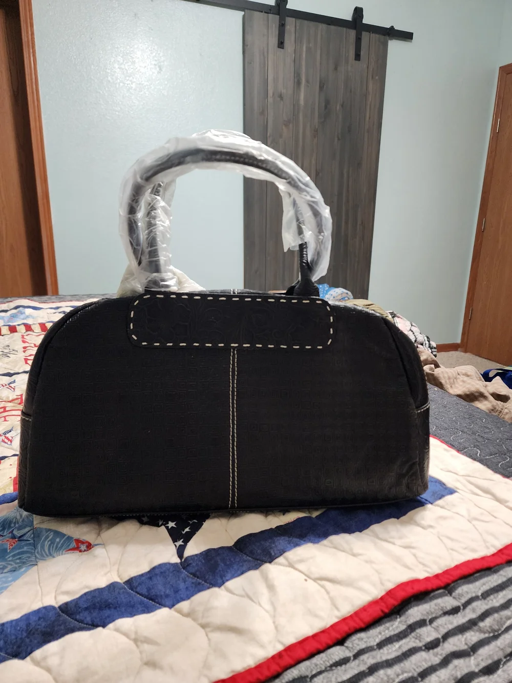 Black Embossed Dome Satchel with Cameo Lace Accent